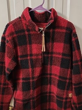 Maurices Red & Black Plaid Sherpa Half-Zip Hoodie